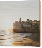 Sunset Over Beach, Sitges, Catalonia, Spain Wood Print