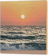 Sunset Over Seascape And Skyline With Wood Print