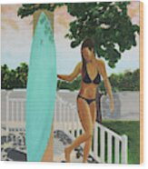 Surfer Girl Beach Shower Wood Print