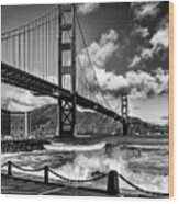 Surfing Under The Golden Gate Bridge Wood Print