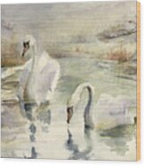 Swans In Winter Wood Print