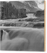 Swiftcurrent Falls Spring Sunset Black And White Wood Print