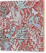 Tapestry Design In Brick Red With White Butterflies And Celadon Colored Foliage Wood Print