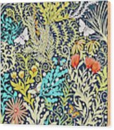 Tapestry Design, With Butterflies, Autumn Colored Foliage On A Dark Blue Background Wood Print