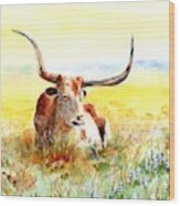 Texas Longhorn, Bluebonnets And Sunshine Wood Print
