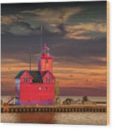 The Big Red Lighthouse At Sunset On Lake Michigan By Ottawa Beac Wood Print