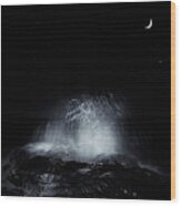 The Crescent Moon And Waves Splashing Wood Print