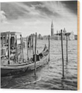 The Gondola Stop Venice Italy Black And White Wood Print