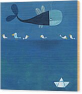 The Whale In The Sky And The Birds On Wood Print