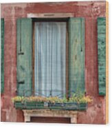 Three Windows With Green Shutters Of Venice Wood Print