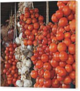 Tomatoes, Garlic And Onions Hanging, In Wood Print