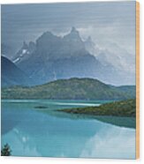 Torres Del Paine And Pehoe Lake Wood Print