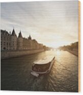 Tourist Boat Tour On Seine River Wood Print