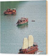 Tourist Wooden Boats At Halong Bay Vietnam Wood Print