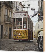 Tram And Motorbike In Lisbon Wood Print