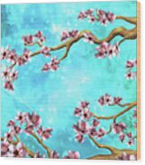 Tranquility Blossoms In Blue And Pink Wood Print