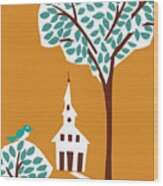 Trees And Church Wood Print