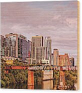 Twilight Panorama Of Downtown Austin Skyline From Pfluger Pedestrian Bridge - Texas Hill Country Wood Print