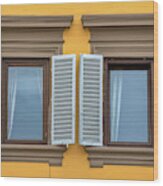 Two Blue Window Shutters Of Florence Wood Print