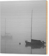 Two Boats And Fog Ii Bw Wood Print