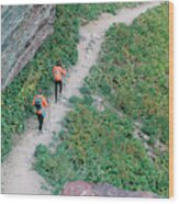 Two Girls Hiking A Trail In Montana Wood Print