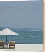 Two Lounge Chairs On White Sand Beach Wood Print