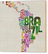 Typography Map Of Latin America, Mexico, Central And South America Wood Print