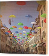 Umbrella Street Carouge Geneva Switzerland Wood Print
