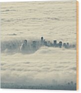 Vancouver City Downtown In Fog Wood Print
