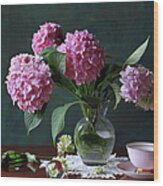 Vase With Hortensia Flowers Wood Print