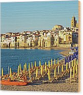 View Of Cefalu Cliff At Dusk Wood Print