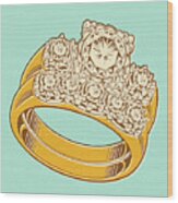 Wedding Ring Set On Blue Background Wood Print