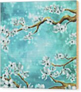 Tranquility Blossoms - Winter White And Blue Wood Print