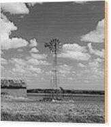 Windmill And Barn In Black And White Wood Print