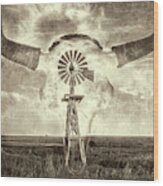 Windmill And Bison 002 Wood Print