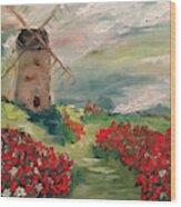 Windmill In A Poppy Field Wood Print
