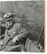 Winston Churchill In A Boat Giving Wood Print