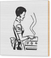 Woman Cooking On Stove Top Wood Print