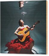 Woman Playing Guitar Underwater Wood Print
