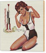 Woman Plugging Ears With Rocket Wood Print