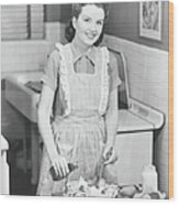 Woman Preparing Salad In Kitchen , B&w Wood Print