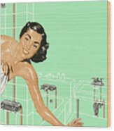 Woman Reaching Out Of The Shower Wood Print