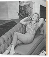 Woman Relaxing On Sofa, B&w, Elevated Wood Print
