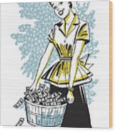 Woman With Basket Full Of Money Wood Print