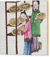 Women Feeding Silkworms On Mulberry Wood Print