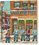 Woodland Pizza Rue Wellington Verdun Montreal Fine Art Hockey Painting C Spandau Winter Scene Artist Wood Print