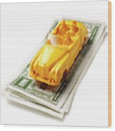Yellow Car On Stack Of Money Wood Print