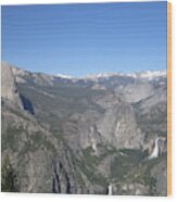 Yosemite National Park Half Dome Twin Waterfalls Snow Capped Mountains Clear Blue Sky Wood Print