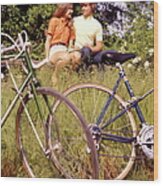 Young Adults Teenagers Field Date Bikes Wood Print