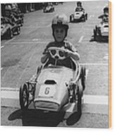 Young Boys Driving Racing Pedal Cars Wood Print
